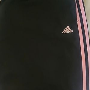 Xl Adidas straight leg blk with soft pink stripes, pocket, and zipper at ankle.